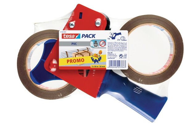 tesapack packing tape economy pack / 57108, blue / red, dispenser + 2 rolls
