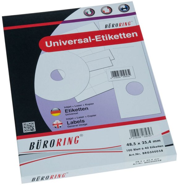 BÜRORING labels, A4, 48,5 x 25,4mm, 4000 labels (100 sheets/40 labels)