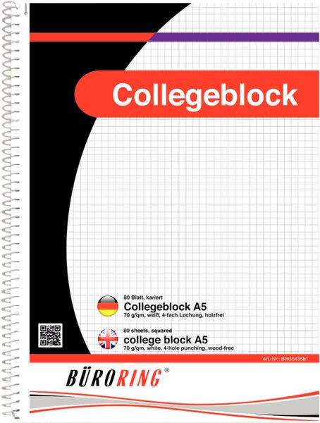 Büroring A5 Wirebound White Paper Cover Notebook, squared, 80 Pages