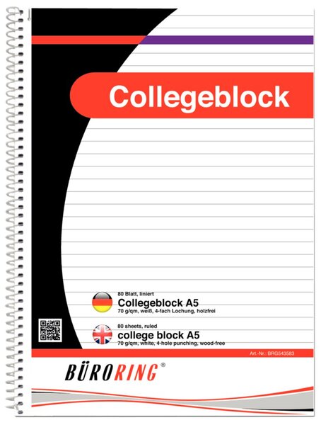 Büroring A5 Wirebound White Paper Cover Notebook, ruled, 80 Pages