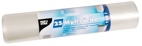 Garbage bag, LDPE (recycled), 120 l, 110 x 70 cm, transparent, Roll of 25 pieces Preview Image
